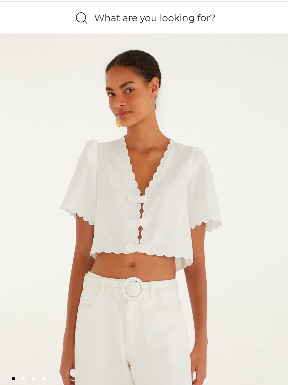 FARM Rio White Scallop-Edge Cropped Button Blouse